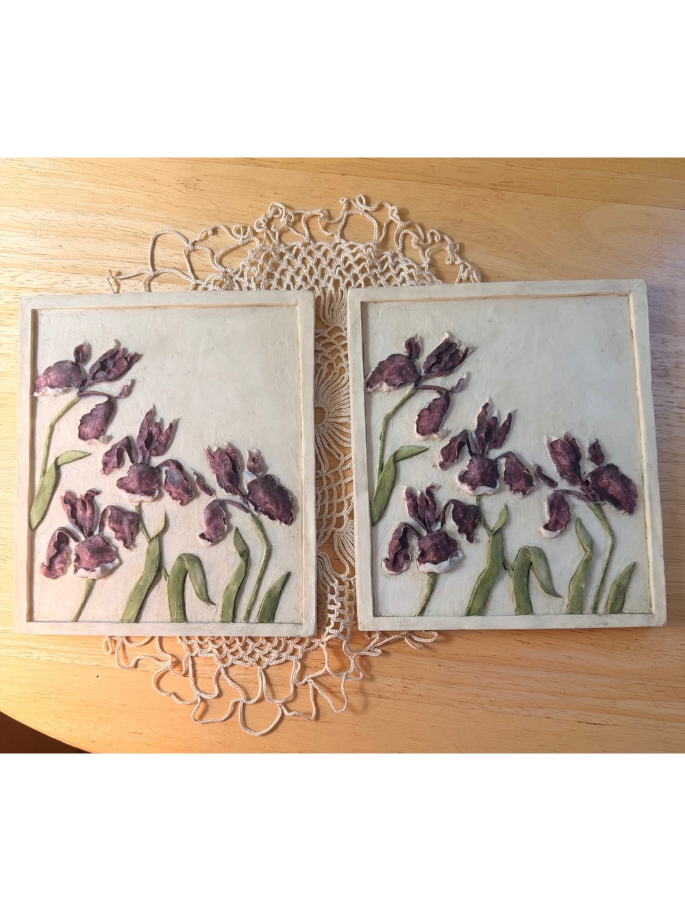 Pair of Vintage J. Lenehan Iris Floral Relief Wall Tiles